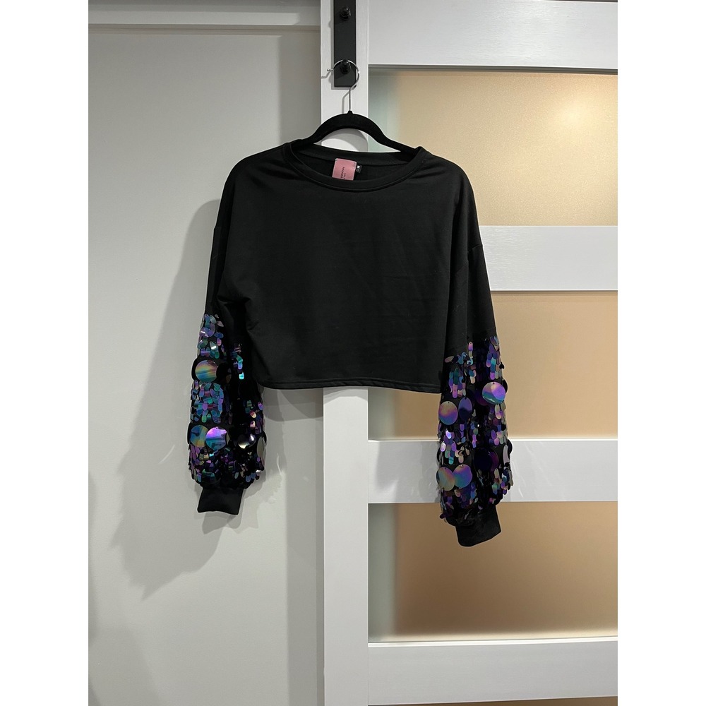 Alex Vinash New York Black Cropped Sweatshirt Iridescent Sequin Sleeves Size S/M